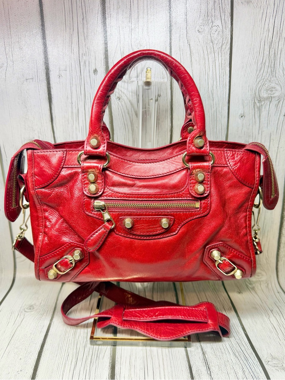 PRE LOVED Balenciaga Agneau Giant 12 Gold Hardware Mini City Bag in Sang (Red)